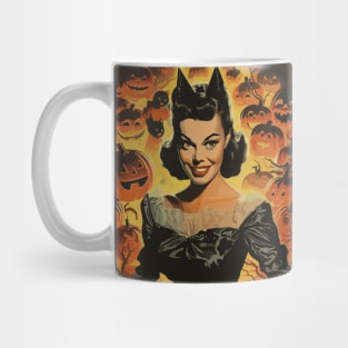 Retro Halloween Witch Girl with Pumpkins and Bats Mug